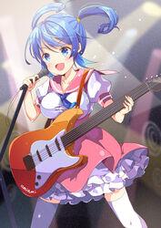  :d amiami_(company) blue_eyes blue_hair blue_necktie blush breasts copyright_name electric_guitar female guitar instrument large_breasts lightning_bolt_symbol lilco microphone microphone_stand necktie open_mouth school_uniform smile solo thighhighs twintails white_thighhighs yumekui 