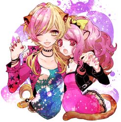  2girls ;d animal_ears arm_around_shoulder bad_id bad_pixiv_id blonde_hair bow cheetah_girl choker citti_(show_by_rock!!) dress jacket laina_(show_by_rock!!) lion_ears lion_girl lion_tail long_hair looking_at_viewer mamaloni multicolored_hair multiple_girls nail_polish one_eye_closed open_mouth paw_pose pink_hair ponytail red_eyes short_hair show_by_rock!! smile tail two-tone_hair yellow_eyes yuri 