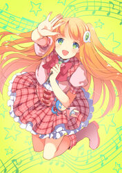  :d amiami_(company) amico beamed_sixteenth_notes blonde_hair boots bow character_doll eighth_note female green_eyes hair_ornament idol jumping lilco logo_hair_ornament long_hair looking_at_viewer microphone music musical_note open_mouth outstretched_arm plaid plaid_skirt puffy_sleeves reaching red_bow skirt smile solo star_(symbol) two_side_up yumekui 