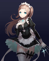  blue_eyes breasts covered_navel felicia_(fire_emblem_if) female fire_emblem fire_emblem_if garters gloves gradient gradient_background hand_on_own_chest holster knife knives_between_fingers maid maid_headdress nintendo pink_hair puffy_sleeves ririko_(zhuoyandesailaer) skirt smile solo thighhighs 