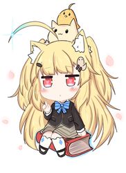  :&lt; ahoge animal animal_ears animal_on_head azur_lane bailingxiao_jiu bird bird_on_head black_footwear black_jacket blazer blonde_hair blue_bow blue_bowtie blue_hair blush book bow bowtie brown_skirt cat_ears cat_on_head chibi chick commentary_request eldridge_(azur_lane) eldridge_(the_inquisitive_recluse)_(azur_lane) facial_hair feline female gradient_hair hair_ornament hairclip index_finger_raised jacket kemonomimi_mode kneehighs long_hair long_sleeves looking_at_viewer manjuu_(azur_lane) multicolored_hair official_alternate_costume on_head parted_lips petals red_eyes shoes sitting skirt socks solo striped_bow striped_bowtie striped_clothes triangle_mouth two_side_up very_long_hair white_background white_socks 