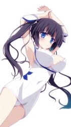  armpits arms_up black_hair blue_eyes blue_ribbon breasts cameltoe commentary_request covered_navel dungeon_ni_deai_wo_motomeru_no_wa_machigatteiru_darou_ka female from_below hair_ribbon hestia_(danmachi) large_breasts long_hair looking_at_viewer rei_no_himo ribbon solo tranquillianusmajor twintails 