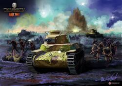  6+boys battle caterpillar_tracks commentary english_commentary explosion gun highres katana kobayashi_motofumi machine_gun military military_vehicle motor_vehicle multiple_boys official_art rifle sword tank type_97_chi-ha wargaming_japan weapon world_of_tanks 