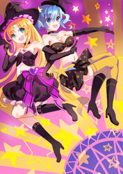  2girls :d amiami_(company) amico bare_shoulders black_footwear black_gloves blonde_hair blue_eyes blue_hair blush boots breasts choker cleavage elbow_gloves forehead_jewel gloves green_eyes hand_on_headwear hat heart heart_print high_heel_boots high_heels lilco locked_arms long_hair medium_breasts midriff multiple_girls open_mouth parted_bangs sidelocks small_breasts smile star_(symbol) star_print starry_background thighhighs twintails witch_hat yellow_legwear yumekui 