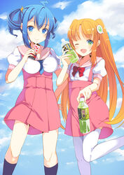  2girls ;d ahoge amiami_(company) amico black_legwear blonde_hair blue_eyes blue_hair blue_necktie blush bottle bottle_to_cheek bow breasts cloud day drink drinking green_eyes green_tea hair_ornament hand_on_own_hip holding impossible_clothes impossible_shirt kneehighs leg_up lightning_bolt_symbol lilco logo_hair_ornament looking_at_viewer medium_breasts multiple_girls necktie one_eye_closed open_mouth puffy_short_sleeves puffy_sleeves red_bow sailor_collar school_uniform shirt short_necktie short_sleeves sidelocks sky smile socks standing tea thighhighs twintails two_side_up white_legwear yumekui 