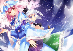  2girls back-to-back bad_id bad_pixiv_id blue_eyes bug butterfly cherry_blossoms colored_eyelashes folding_fan hair_ribbon hand_fan hands_on_own_chest hat japanese_clothes kimono konpaku_youmu long_sleeves looking_at_viewer looking_away mob_cap multiple_girls obi open_hand open_mouth own_hands_together petals pink_eyes pink_hair ribbon saigyouji_yuyuko sash shiyun short_hair sleeve_garter touhou triangular_headpiece white_hair wind 