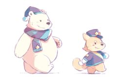  2018 anthro bear belly blush canid canine canis clothed clothing domestic_dog duo hat headgear headwear kui male mammal one_eye_closed overweight overweight_male polar_bear scarf simple_background ursine wink wonder_parade 