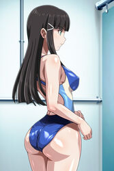  anime_coloring ass bare_arms bare_shoulders blue_one-piece_swimsuit blunt_bangs blush breasts brown_hair closed_mouth competition_swimsuit covered_nipples cowboy_shot expressionless female from_behind green_eyes hair_ornament hairclip highres indoors kurosawa_dia legs_together long_hair love_live! love_live!_sunshine!! medium_breasts mole mole_under_mouth monteriakitto one-piece_swimsuit profile racerback shiny_clothes shiny_skin sidelocks skin_tight solo standing swimsuit 