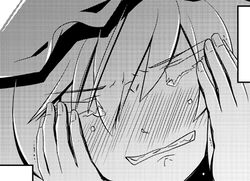  blush clenched_teeth commentary_request crying female greyscale hands_on_own_face hat lowres maribel_hearn monochrome solo tani_takeshi tears teeth touhou 