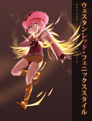  boots brown_footwear commentary_request detached_sleeves female fingerless_gloves fire gloves gun hat highres holster magical_girl mahou_shoujo_western_girls photoshop_(medium) red_eyes red_hair red_hat seibu_akari sharpffffff short_hair shorts sleeveless weapon 