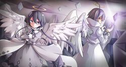  adjusting_clothes adjusting_gloves aged_down ahoge alela_grora_(funamusea) angel angel_wings back-to-back black_hair bow bowtie collared_shirt commentary_request crossed_arms dress female funamusea gloves grey_hair haiiro_teien halo highres long_coat long_hair nano_(mianhua_maoqiu) pale_skin shirt short_hair twintails white_wings wings wodahs_(funamusea) 