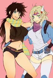  2girls bad_id bad_twitter_id blonde_hair blue_eyes blue_jacket brown_hair caesar_anthonio_zeppeli crop_top feather_hair_ornament feathers fingerless_gloves genderswap_(mtf) gloves green_eyes hair_ornament headband jacket jojo_no_kimyou_na_bouken joseph_joestar joseph_joestar_(young) long_hair manaka_(gunjooou) midriff multiple_girls rule_63 scarf short_shorts shorts 