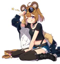  :q ;q aged_down ahoge animal_ears ankle_boots bag bear_ears bear_girl belt boots brown_hair collar commentary_request denim denim_shorts doughnut eyewear_on_head female food full_body fur_trim garter_straps girls&#039;_frontline glasses grizzly_mkv_(girls&#039;_frontline) grizzly_mkv_(teddy_transform!)_(girls&#039;_frontline) highres jacket lolicon looking_at_viewer midriff narynn official_alternate_costume one_eye_closed paper_bag purple_eyes shorts sitting smile solo star_(symbol) thighhighs tongue tongue_out wariza white_background 