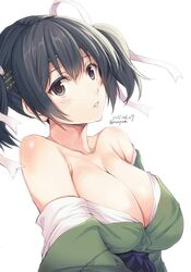  bandana bare_shoulders black_hair breasts brown_eyes cleavage collarbone commentary_request dated female hair_ribbon japanese_clothes kantai_collection large_breasts looking_at_viewer looking_to_the_side off_shoulder parted_lips ribbon shiny_skin short_hair simple_background smile solo souryuu_(kancolle) souryuu_kai_ni_(kancolle) tomozo_kaoru twintails twitter_username upper_body white_background white_ribbon 