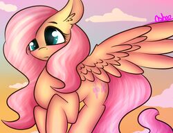  2016 ashee blush cloud cutie_mark equid equine feathered_wings feathers female feral fluttershy_(mlp) flying friendship_is_magic fur green_eyes hair hasbro hi_res horse looking_at_viewer mammal my_little_pony mythological_creature mythological_equine mythology pegasus pink_hair pony sky solo spread_wings wings yellow_body yellow_feathers yellow_fur 