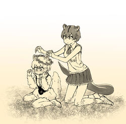  2girls animal_ears anteater_ears anteater_tail bare_shoulders blush bow bowtie commentary_request flower fluffy fossa_(kemono_friends) frilled_skirt frills head_wreath highres kemono_friends long_sleeves monochrome multiple_girls neckerchief nose_blush ouka_(yama) pantyhose pleated_skirt seiza short_hair shorts sitting skirt socks southern_tamandua_(kemono_friends) suspenders tail tamandua_ears tamandua_tail vest white_hair 