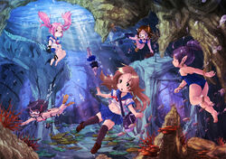  6+girls air_bubble anklet bag barefoot bikini blush bubble cave commentary_request coral diving diving_mask earrings fish flippers freediving goggles highres holding_breath jewelry kneehighs mochizuki_usagi multiple_girls ocean original photoshop_(medium) pink_hair pointy_ears ponytail purple_hair school_bag school_uniform serafuku snorkel snorkel_in_mouth socks soles struggling submerged swimsuit twintails underwater 