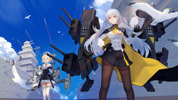  2girls absurdres bird black_cape black_gloves black_legwear black_skirt blonde_hair blue-framed_eyewear blue_eyes book breasts buttons cannon cape clausewitz_(steelblue_mirage) cloud commentary_request cross cruiser day de_grasse_(warship_girls_r) double-breasted dress glasses gloves grey_hair hand_on_own_hip hat highres holding holding_book iron_cross jacket lifebuoy long_hair long_sleeves machinery medium_breasts military military_vehicle missile multicolored_cape multicolored_clothes multiple_girls outdoors pantyhose photoshop_(medium) pleated_skirt red_eyes seagull ship short_dress short_hair skirt sky smile standing steelblue_mirage swim_ring thighhighs turret warship warship_girls_r watercraft white_gloves white_hair white_hat white_jacket white_legwear yellow_cape zaver 