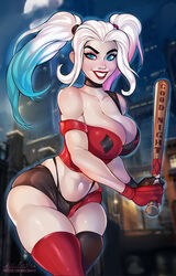  1girls alternate_version_available ange1witch bare_shoulders baseball_bat bat_(object) batman_(series) big_breasts blue_eyes blue_hair breasts choker cleavage collarbone dc eyeshadow female female_focus female_only fingerless_gloves gloves grin happy happy_female harley_quinn harley_quinn_(series) large_breasts light-skinned_female light_skin lipstick looking_at_viewer makeup mismatched_legwear multicolored_hair night outside parted_lips patreon pink_hair platinum_blonde_hair red_lipstick signature smile smiling_at_viewer solo suicide_squad teeth thick_eyebrows thick_hips thick_thighs thighhighs thighs thunder_thighs twintails villain villainess watermark weapon white_hair wide_hips 