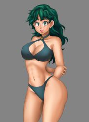  1girls 2019 bikini breasts female female_deku freckles green_eyes green_hair grey_background izuku_midoriya large_ass large_breasts long_hair looking_at_viewer my_hero_academia open_mouth rezuban rule_63 solo thick_thighs white_skin 