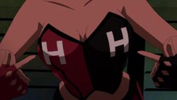  1girls batman_(series) bending_forward bending_over breasts cleavage close-up dc_comics dcuaom fanservice female female_focus female_only harley_quinn injustice_(film) leaning_forward leaning_over medium_breasts pointing_at_self screenshot solo supervillainess 