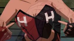  1girls batman_(series) bending_forward bending_over breasts bustier cleavage close-up dc_comics dcuaom fanservice female female_focus female_only harley_quinn injustice_(film) leaning_forward letters pointing_at_self screenshot small_breasts supervillainess 