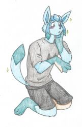  anthro blue_body blue_fur blush bottomwear clothing eeveelution fur fur_growth generation_4_pokemon glaceon growth hi_res human human_to_anthro male mammal nintendo pokemon pokemon_(species) rainbowraven solo species_transformation tail tail_growth topwear traditional_media_(artwork) transformation 