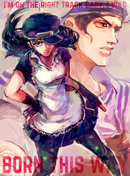  1boy apron bad_id bad_pixiv_id black_eyes black_hair brother_and_sister chocoblood female fingerless_gloves gloves hat hat_over_one_eye inset jojo_no_kimyou_na_bouken jojolion kira_yoshikage_(jojolion) lady_gaga_(copyright) long_hair lyrics maid nijimura_kei pantyhose sailor_hat siblings star_(symbol) star_print visor_cap 