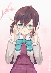  aqua_bow aqua_bowtie asymmetrical_hair blue-framed_eyewear blush bow bowtie brown_hair cherry_blossoms crossed_bangs dress female glasses green_eyes highres jacket kantai_collection long_sleeves ochikata_kage okinami_(kancolle) okinami_kai_ni_(kancolle) open_mouth petals purple_dress purple_hair short_hair simple_background solo twitter_username upper_body white_jacket 