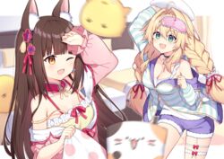  2girls ;d animal_ears azur_lane bed bed_sheet blanket blonde_hair blunt_bangs blurry bow breasts brown_eyes brown_hair casual character_doll choker cleavage collarbone commentary_request depth_of_field detached_collar flower fox_ears green_eyes hair_between_eyes hair_flower hair_ornament hair_ribbon hairbow highres jacket le_temeraire_(azur_lane) le_temeraire_(dreamy_dolce)_(azur_lane) long_hair looking_at_another manjuu_(azur_lane) meowfficer_(azur_lane) multiple_girls nagato_(azur_lane) nagato_(guardian_fox&#039;s_vacation)_(azur_lane) objectification official_alternate_costume one_eye_closed open_mouth pajamas pillow pillow_fight ribbon shorts sidelocks smile stuffed_chicken t@ke-g throwing 