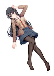  arm_up black_hair blazer blue_skirt blush breasts brown_jacket brown_pantyhose chrisandita collared_shirt commentary commission female full_body hair_between_eyes hair_ornament hairclip highres jacket long_hair long_sleeves looking_at_viewer medium_breasts necktie no_shoes open_clothes open_jacket pantyhose parted_lips pleated_skirt purple_eyes rabbit_hair_ornament red_necktie sakurajima_mai seishun_buta_yarou shirt simple_background skirt solo sweater_vest twitter_username very_long_hair white_background white_shirt 