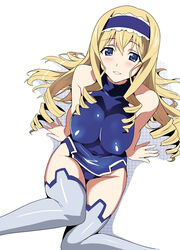  arm_support bare_shoulders blonde_hair blue_eyes blue_hairband blue_leotard blush breasts cecilia_alcott covered_nipples drill_hair dutch_angle female from_above grey_thighhighs hair_spread_out hairband halterneck highres impossible_clothes infinite_stratos lace large_breasts leotard long_hair looking_at_viewer photoshop_(medium) pilot_suit science_fiction shadow shiny_clothes sidelocks simple_background sitting skin_tight smile solo takeda_hiromitsu thighhighs turtleneck very_long_hair white_background 