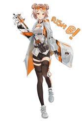  :p absurdres alternate_color breasts buckle bullpup choker chuck_(harfmoondark) counter-strike_(series) counter-strike_2 crossover double_bun eyewear_on_head female girls&#039;_frontline gloves gun gun_decal hair_bun highres light_brown_hair medium_breasts meme p90 p90_(girls&#039;_frontline) partially_fingerless_gloves red_eyes short_hair short_shorts shorts snap-fit_buckle solo submachine_gun thighhighs tongue tongue_out weapon 