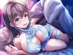  bare_arms bedroom blanket blue_eyes blue_sweater breasts brown_hair cat_hair_ornament cleavage cleavage_cutout clothing_cutout crossed_bangs female hair_between_eyes hair_ornament highres indoors large_breasts long_hair looking_at_viewer lying night on_bed on_side oomune_tayuyu open_mouth sidelocks sleeveless sleeveless_turtleneck smile solo sparkle sweater tama_project turtleneck turtleneck_sweater upper_body v-mag virtual_youtuber 