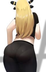  alternate_costume ass black_pants black_shirt blonde_hair commentary cowboy_shot crop_top cropped_shirt cynthia_(pokemon) facing_away female from_behind hair_ornament highres leaning_forward midriff pants pantylines pokemon pokemon_dppt sana!rpg shirt short_sleeves solo tight_clothes tight_pants white_background yoga_pants 