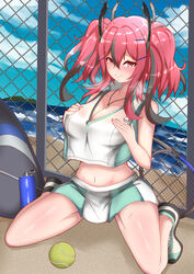  absurdres azur_lane bad_id bad_pixiv_id ball bare_legs beach blue_sky blush bottle breast_suppress breasts bremerton_(azur_lane) bremerton_(scorching-hot_training)_(azur_lane) chain-link_fence cleavage cloud collarbone commentary_request crop_top crop_top_overhang day female fence full_body green_skirt grey_hair hair_between_eyes hair_intakes hair_ornament hairclip heart heart_necklace heavy_breathing highres horizon island jewelry kneeling large_breasts long_hair looking_at_viewer midriff mole mole_under_eye multicolored_hair navel necklace ocean official_alternate_costume okine_(okine691) outdoors pink_eyes pink_hair racket revision sand shadow shirt shoes sidelocks skirt sky sleeveless sleeveless_shirt smile sneakers solo sportswear streaked_hair sweat tennis_ball tennis_racket tennis_uniform twintails two-tone_hair two-tone_skirt water_bottle white_shirt white_skirt 