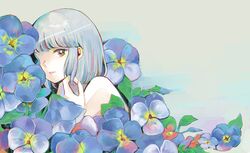  absurdres bare_shoulders blue_flower blue_pansy female flower grey_background grey_hair highres looking_at_viewer medium_hair one_eye_covered original oversized_flower pansy parted_lips red_flower richard-kun solo upper_body yellow_eyes 