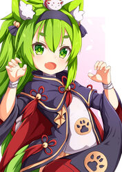  :d ame. animal_ear_fluff animal_ears azur_lane bell black_dress black_hairband claw_pose commentary_request dress female green_eyes green_hair hair_bell hair_between_eyes hair_ornament hairband hands_up highres isokaze_(azur_lane) jingle_bell long_hair long_sleeves oerba_yun_fang on_head open_mouth short_eyebrows smile solo thick_eyebrows very_long_hair wide_sleeves x_x 