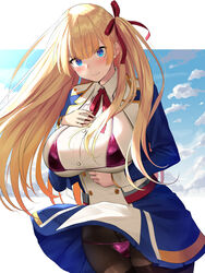  azur_lane bikini bikini_over_clothes black_pantyhose blue_eyes blush breasts clenched_teeth cloud female hair_between_eyes highres huge_breasts jacket long_hair long_sleeves micro_bikini neck_ribbon oekakizuki one_side_up pantyhose red_ribbon ribbon sky solo standing sussex_(azur_lane) sweat swimsuit swimsuit_over_clothes teeth thighband_pantyhose 