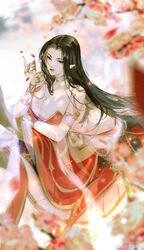  absurdres arm_up artist_request black_hair blurry blurry_background branch breasts cai_lin_(doupo_cangqiong) closed_mouth crossed_arms doupo_cangqiong falling_petals female flower highres lamia large_breasts light_particles long_hair monster_girl petals pointy_ears red_eyes sitting solid_eye solo third-party_source 