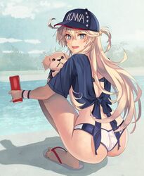  animal ass back baseball_cap bikini bikini_bottom_only blonde_hair blue_eyes blue_shirt can canine commentary crop_top feet female flip-flops from_behind full_body hair_between_eyes hat highres holding holding_can iowa_(kancolle) kantai_collection kasumi_(skchkko) long_hair looking_at_viewer looking_back open_mouth print_headwear puppy sandals shirt side_ahoge smile solo squatting star-shaped_pupils star_(symbol) swimsuit symbol-shaped_pupils thighs tied_shirt toes victory_(dog) water wristband 