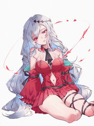  arknights arm_support artist_name bare_shoulders black_ribbon black_sash breasts clothing_cutout detached_sleeves dress feet_out_of_frame female grey_hair hair_between_eyes half-closed_eyes head_tilt leg_ribbon long_hair long_sleeves looking_at_viewer medium_breasts navel_cutout no_headwear official_alternate_costume parted_lips red_dress red_eyes ribbon sash short_dress signature simple_background sitting skadi_(arknights) skadi_the_corrupting_heart_(arknights) solo thighs very_long_hair white_background yokozuwari zoe_(killyou80) 