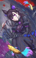  autumn_leaves black_dress black_sweater breasts cleavage_cutout clothing_cutout commentary_request cone_hair_bun covered_nipples double_bun dress enporion fate/grand_order fate_(series) female fish hair_between_eyes hair_bun hair_ornament highres juliet_sleeves large_breasts long_dress long_hair long_sleeves looking_at_viewer lying murasaki_shikibu_(fate) on_side paintbrush puff_and_slash_sleeves puffy_sleeves purple_eyes purple_hair ripples smile solo sweater two_side_up very_long_hair water wide_sleeves 