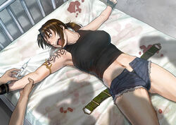  4boys azasuke bed bed_sheet belt black_gloves black_lagoon black_panties black_tank_top blood blood_stain breasts brown_eyes brown_hair commentary_request covered_nipples crop_top denim denim_shorts female fingerless_gloves furrowed_brow gloves hair_tie large_breasts lying micro_shorts midriff multiple_boys navel on_back on_bed open_belt open_fly open_mouth panties panty_peek peeing peeing_self ponytail restrained revy_(black_lagoon) scared shadow shorts solo_focus straight sweat syringe tank_top tattoo tearing_up tears torn_clothes torn_shorts tourniquet turning_head underwear 