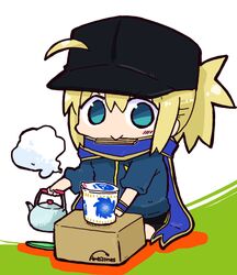  ahoge amazon_(company) artoria_pendragon_(fate) bad_id bad_pixiv_id baseball_cap black_hat black_shorts black_socks blonde_hair blue_eyes blue_jacket blue_scarf blush box brand_name_imitation cardboard_box chibi chopsticks closed_mouth commentary_request fate/grand_order fate_(series) female full_body hair_through_headwear hat holding holding_kettle jacket kasuga_yuuki kettle kneehighs long_hair long_sleeves mouth_hold mysterious_heroine_x_(fate) nissin_cup_noodle ponytail scarf shorts sidelocks sitting socks solo steam track_jacket wariza wristband 