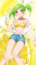  absurdres asymmetrical_bangs bare_shoulders bikini bikini_top_only breasts bubble cleavage collarbone cup delutaya denim denim_shorts drinking_straw female food front-tie_top fruit green_hair hatsuno_xxx highres holding holding_cup indie_virtual_youtuber lemon navel off_shoulder parted_lips red_eyes see-through shirt short_hair shorts small_breasts solo string_bikini swimsuit thighs tied_shirt twintails virtual_youtuber white_shirt yellow_bikini 