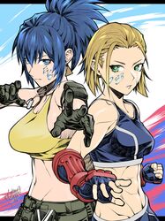  2girls abs absurdres armlet bare_shoulders belt black_sports_bra blonde_hair blue_eyes blue_hair cammy_white crop_top crossover earrings facial_mark fingerless_gloves gloves highres jewelry leona_heidern looking_at_viewer midriff multiple_girls muscular muscular_female navel ponytail shin_(ultramarine430) short_hair sports_bra street_fighter street_fighter_6 tank_top the_king_of_fighters the_king_of_fighters_xv triangle_earrings yellow_tank_top 