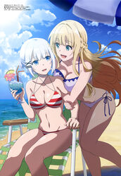  2girls :d absurdres arm_grab bare_legs beach beach_chair beach_umbrella bikini blonde_hair blue_eyes blue_sky blunt_bangs braid breast_press breasts charlotte_arisaka_anderson cleavage cloud cocktail collarbone cup day dress drinking_straw food fruit gradient_hair green_eyes hair_ornament hairclip highres holding holding_cup horizon large_breasts lime_(fruit) lime_slice long_hair looking_at_another magazine_scan masui_yoshiki megami_magazine multicolored_hair multiple_girls navel ocean official_art open_mouth orange_hair outdoors purple_bikini scan short_hair side-tie_bikini_bottom sidelocks siesta_(tantei_wa_mou_shindeiru) sitting sky smile standing striped_bikini striped_clothes swimsuit tantei_wa_mou_shindeiru thighs umbrella white_hair x_hair_ornament 