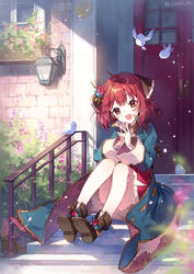  atelier_(series) atelier_sophie_2 bare_legs bird blue_coat blush braid brown_eyes brown_footwear brown_ribbon bush coat collared_coat convenient_leg detached_collar door dress female fence flower full_body hair_flower hair_ornament highres lamp long_sleeves looking_at_viewer open_mouth outdoors plaid plaid_coat red_dress red_flower red_hair red_rose ribbon rose short_hair side_braid sitting sitting_on_stairs smile solo sophie_neuenmuller soriya stairs wide_sleeves window 