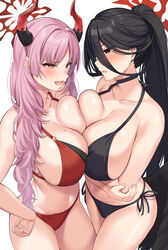  2girls alternate_costume bikini black_bikini black_choker black_wings blue_archive blush breast_contest breast_press breasts choker cleavage collarbone demon_horns hair_between_eyes halo halterneck hasumi_(blue_archive) highres horns huge_breasts long_hair mole mole_on_breast mole_under_eye multiple_girls navel open_mouth pink_hair red_bikini red_eyes red_horns satsuki_(blue_archive) side-tie_bikini_bottom sideboob stomach string_bikini super_nagoyaka swimsuit symmetrical_docking thighs very_long_hair white_background wings yellow_eyes 